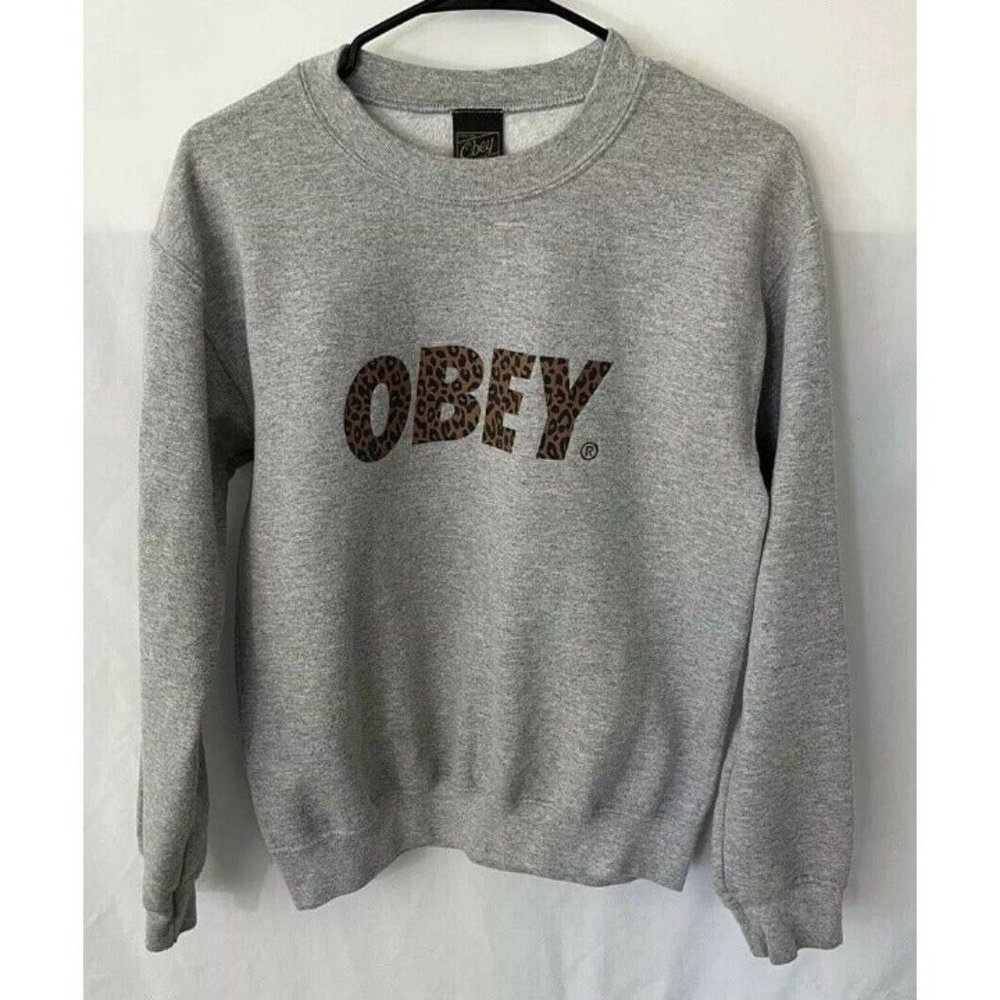 OBEY Brand Crewneck Sweatshirt Obey Spell out Cheetah Print Logo Womens Size SM